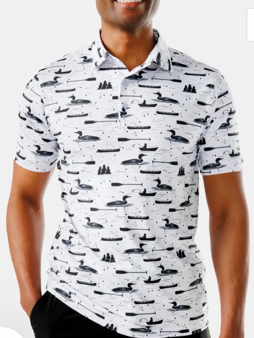 Men's White Short-Sleeve Polo with Black Canoe & Loon Print
